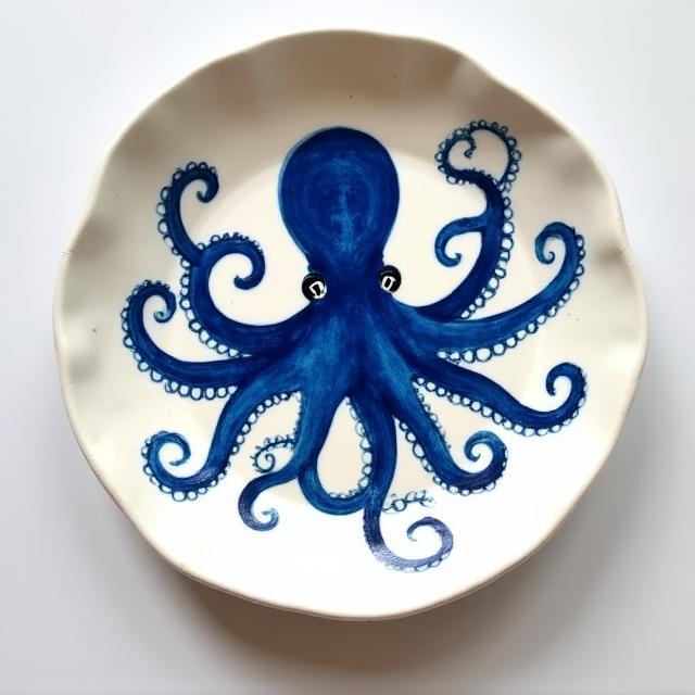Piatto in ceramica con decorazione polpo blu