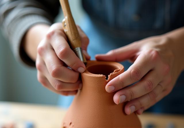 Mani di un artigiano che ripara un vaso di ceramica